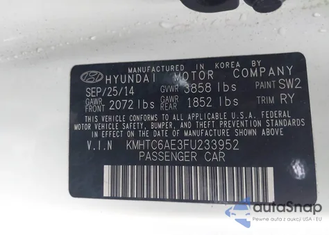 2015 Hyundai Veloster Turbo z USA, uszkodzony, nr VIN KMHTC6AE3FU233952